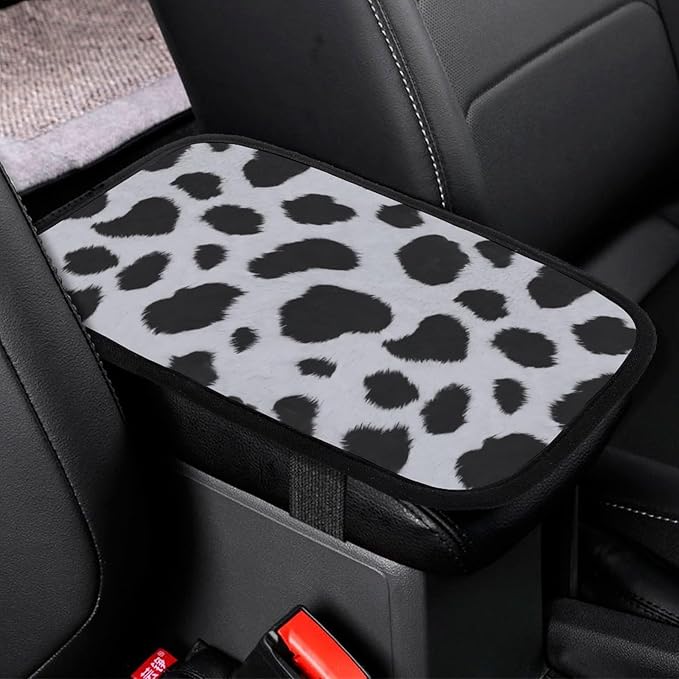 Black and White Cow Faux Fur Car Center Console Cushion Pad,Waterproof Armrest Seat Box Cover Protector,Comfortable Car Decor Accessories Fit for Most Cars, Vehicles, SUVs