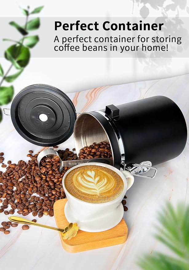 INFTYLE Coffee Canister with Airtight Lid, 22oz, 60 fl oz White, Stainless Steel Air Tight Lid Container with Date Tracker and Scoop Food Storage Jar for Coffee Bean (Black)