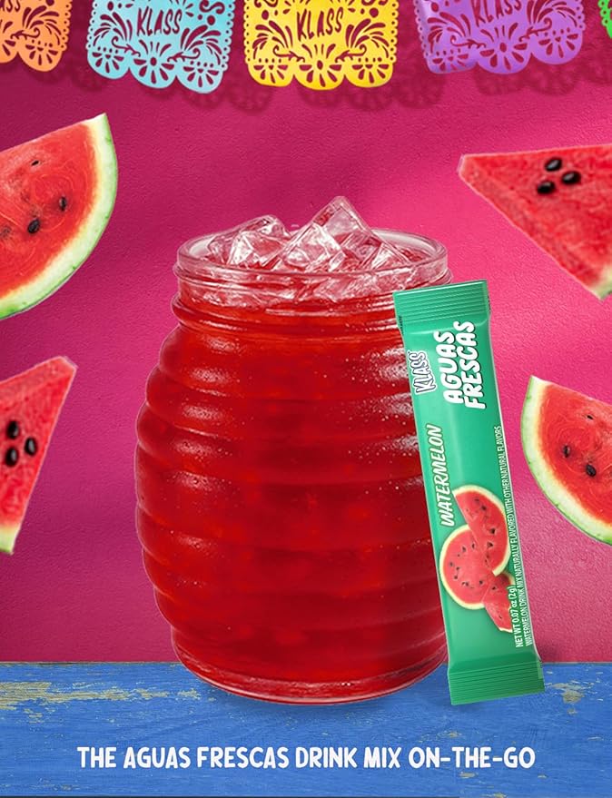 Klass Aguas Frescas, Powdered Drink Mix, 40 Singles Zero Sugar & Caffeine-Free Powder Packets, Water Drink Mix, Flavor: Watermelon - 5 Calories Per Packet & Natural Flavors