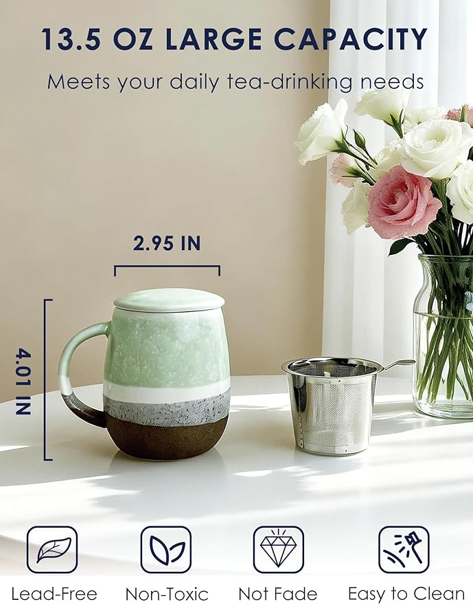 SISETOP 13.5 OZ Large Tea Infuser Mug, Reactive Glaze Tea Cup with Infuser and lid, Ceramic Infusion Mug for Loose Leaf, Microwave & Dishwasher Safe, Green
