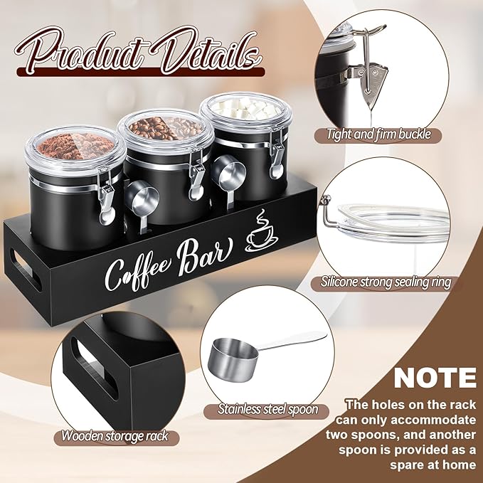 Domensi 3 x 66 oz Airtight Coffee Canisters with Shelf, Coffee Bean Storage Container 304 Stainless Steel Coffee Bean Storage with Airtight Locking Clamp and Scoop, Kitchen Food Storage Jar(Black)