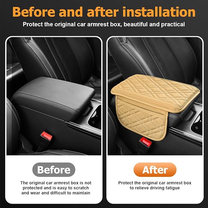 Mandark Car Center Console Cover, 2PCS Leather Vehicle Arm Rest Cushion with 2 Storage Bags, Automotive Armrest Interior Seat Box Pad Accessories, Universal for SUV, Sedan, Truck (Beige)