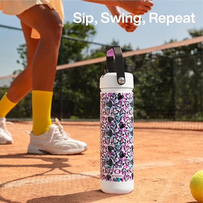 ENCOOL Insulated Water Bottle with Straw Stainless Steel Water Bottle, Glow in the Dark, Leak-Proof, BPA-Free, Keeps Cold for 24 Hours for Sports, Travel, School (26 oz, Graffiti Hearts)