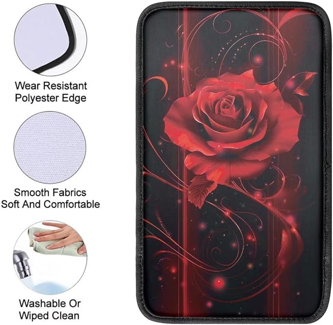 Rose Print Armrest Cushion Cover for Car Scratch Proof Car Center Console Armrest Protector Cover Universal Fit Truck Sedan SUV, Red and Black