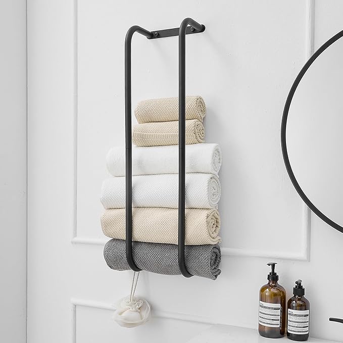 BWE Towel Racks for Bathroom Wall Mounted, Bathroom Towel Storage for Rolled Towels, Stainless Steel Vertical Towel Holder, Bathroom Organizer Black