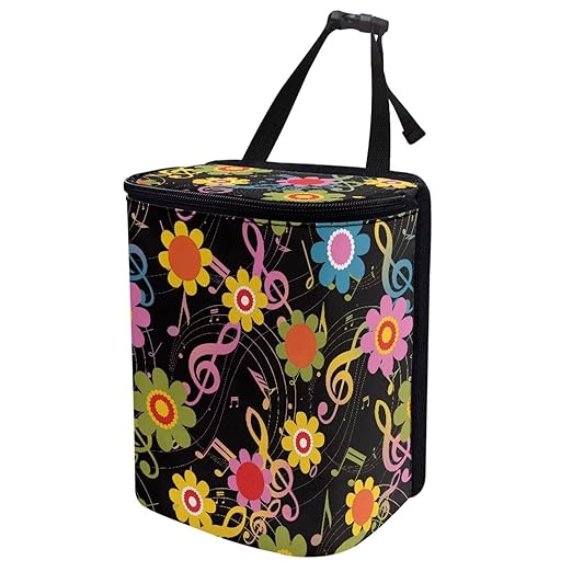 Hippie Flower Music Note Car Trash Can with Lid,Leak Proof Garbage Can Hippie Flower Car Interior Accessory Zipper Protable Vehicle Rubbish Bag for Back Seat