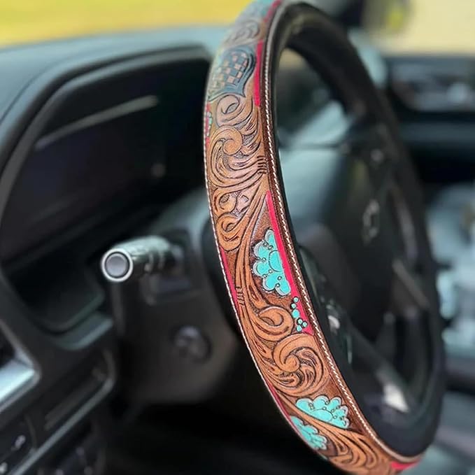 Retro Western Cowboy Car Universal Steering Wheel Cover – Western Steering Wheel Cover for Men & Women - 15 Inch Embossed Leather Anti-Slip Grip–Universal Fit for Truck, SUV, Car (A)