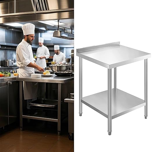 NSF Stainless Steel Table for Prep & Work with Backsplash 24x18 Inches, Metal Commercial Kitchen Table with Under Shelf and AdjustableTable Foot for Restaurant, Home and Hotel