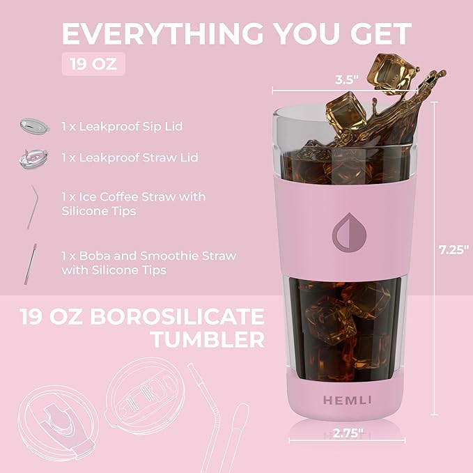 19 oz. Double Wall Glass Coffee Tumbler, To Go Travel Mug with Lid, Portable Glass Thermos with Straw, Reusable Cup, Tea, Smoothies, Ice Coffee, and Boba