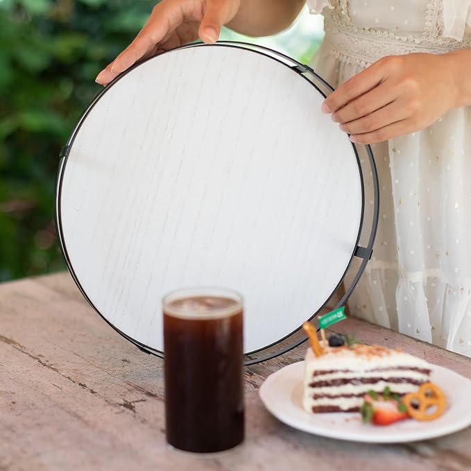 Defined Deco 12in Round Decorative Serving Tray with Metal Handle - Rustic Wooden Tray for Home, Living Room, Coffee Table Decor