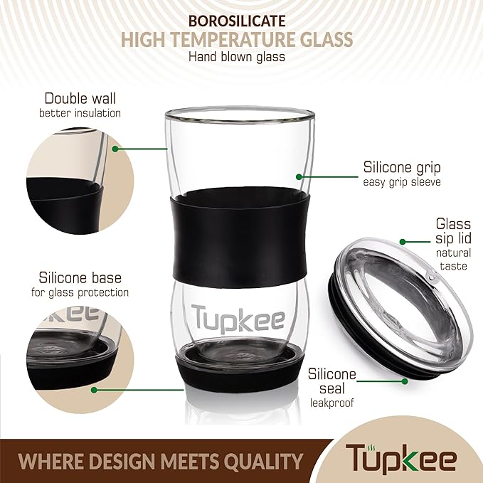 Tupkee 20 oz Double Wall Glass Tumbler With Lid – All Glass Hand Blown Reusable Insulated Travel Mug - For Coffee, Tea, Boba, Iced Coffee, and Smoothie Cup To Go – Black