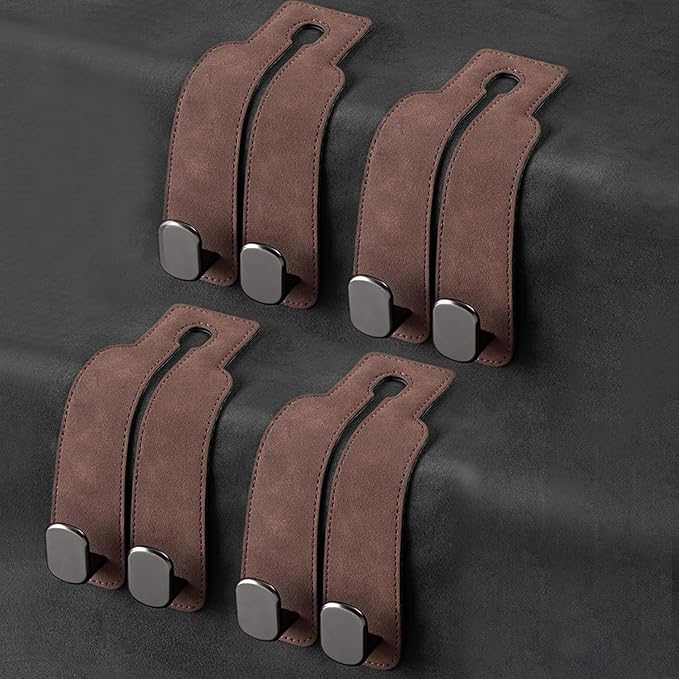 Leather Car Hooks, Car Back Seat Hooks, Car Headrest Hooks Universal for Bag Hooks, Ideal for Back Seat Storage﻿ (4pack-brown)