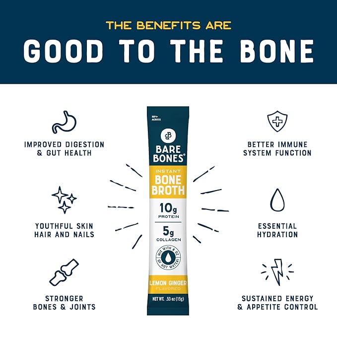 Bare Bones Lemon Ginger Bone Broth Instant Powdered Mix Packets | 5g Collagen | 10g Protein | Keto & Paleo Friendly | No Artificial Flavors | Rich Savory on-the-go 16 Pack