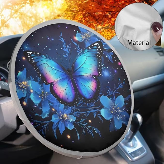 Blue Butterfly Vehicle Steering Wheel Sun Shade 17 Inch Fashion Car Rudder Reflector Protector for SUV Truck Van Summer Essential Gift for Holiday