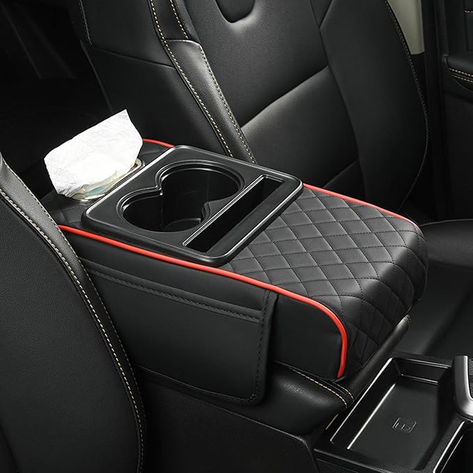 2025 New Auto Center Console Armrest Cushion with 2 Cup Holder, Car Center Console Armrest Pillow, Memory Foam Arm Rest Box Protector for Most Vehicles, Car Accessories (Black-B)