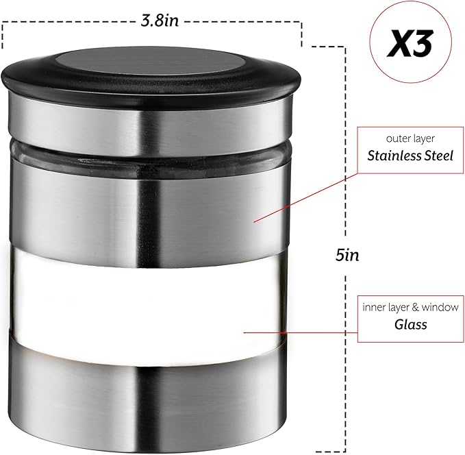 Le'raze Quality Stainless Steel Canister Set of 3 for Kitchen Counter with Glass Window & Airtight Lid - Food Storage Containers with Lids Airtight - Pantry Storage and Organization Set