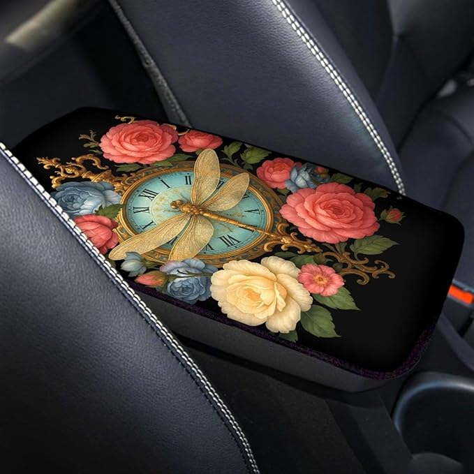 Vintage Floral Dragonfly Clock Print Center Console Cover,Auto Armrest Cover Universal Fit