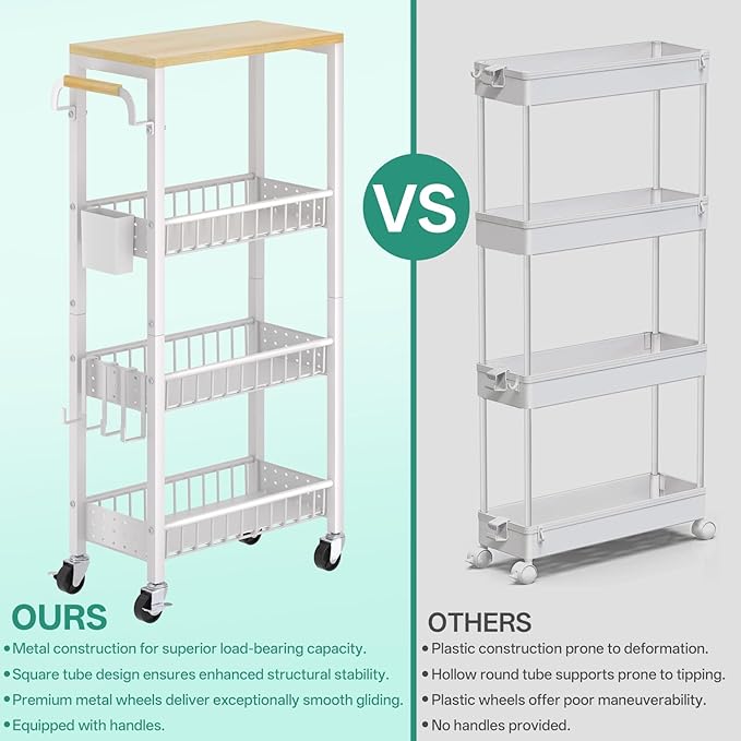 Laundry Room Organization Cart, 4 Tier Slim Rolling Cart for Small Narrow Spaces, Storage Shelf Cabinet with Wheels for Bathroom, Utility Room, Kitchen, Near Washer Dryer (9.1" W Overall)