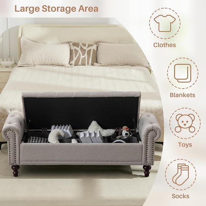 58'' Upholstered Storage Bench for Bedroom, Linen End of Bed Storage Ottoman Benches Large, Button Tufted Ottomans with Storage for Living Room/Entry Way/Closet, Light Brown