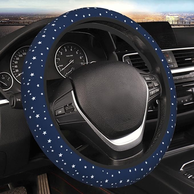 Stars Navy Blue White Car Steering Wheel Cover, 15 Inch Steering Wheel Cover Stylish Decor for Most Cars