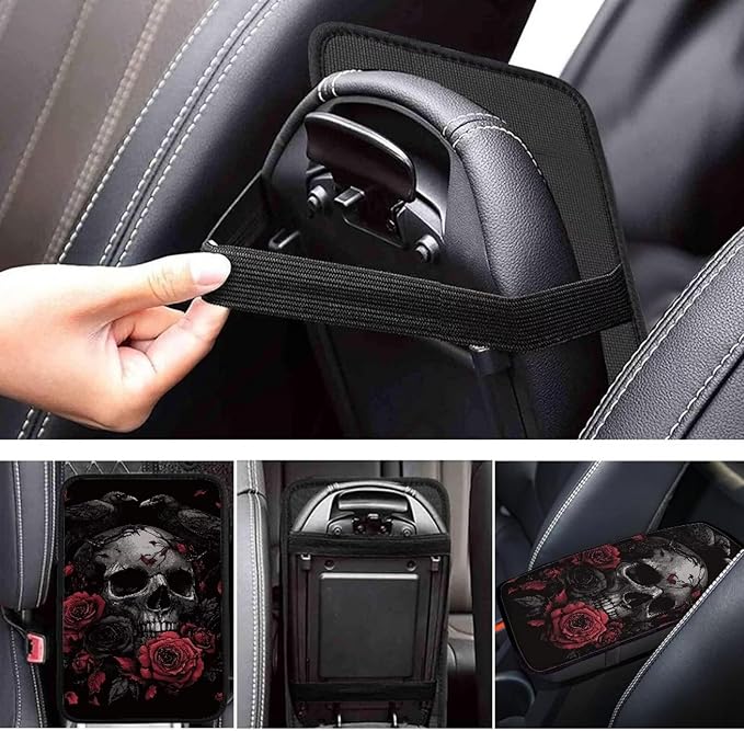 Dreaweet Red Rose Skull Arm Rest Cover for Car Women Goth Car Accessories Center Console Cushion Pad Anti Scratch Universal Armrest Cover for SUV Sedan