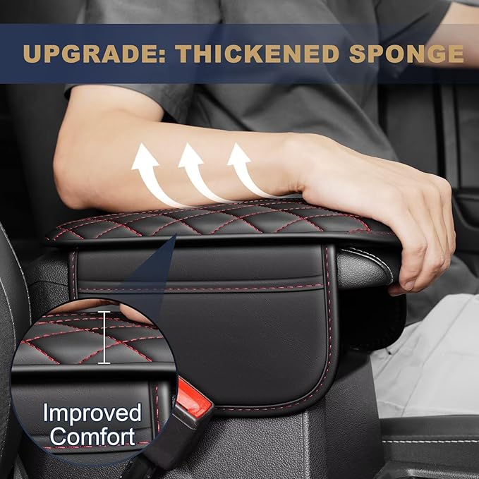 YORKNEIC Center Console Cover Fit for Lincoln Nautilus Armrest Cover for Car with 2 Side Pockets Faux Leather Middle Console Cover (Black&Redline)