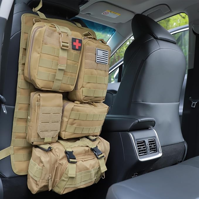 Tactical Car Seat Back Organizer Hanger Bag with 5 Detachable Molle Pouch Vehicle Molle Panel Organizer Storage Bag Universal for for most car models (Khaki)