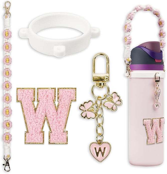 Compatible with Owala Water Bottle Accessories, Cute Letter Charm Set with Boho Handle Strap, Monogram Sticker, Silicone Ring, Keychain Decoration, for FreeSip 24 32 40oz, Owala Kids, Tumbler Gift