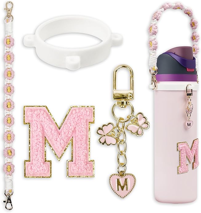 Compatible with Owala Water Bottle Accessories, Cute Letter Charm Set with Boho Handle Strap, Monogram Sticker, Silicone Ring, Keychain Decoration, for FreeSip 24 32 40oz, Owala Kids, Tumbler Gift