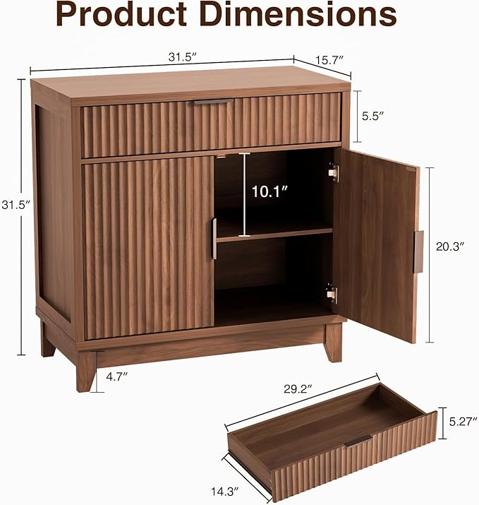 Vabches Fluted Sideboard Buffet Cabinet with Storage, 32" Wide Coffee Bar Console Table with Drawer, Fluted Doors & Adjustable Shelf, Wood Buffet Table for Living Room, Kitchen Dining Room, Brown