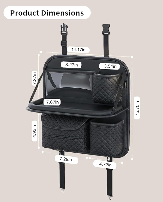 Car Seat Organizer, Backseat Car Organizer with Foldable Table Tray & Cup Holder - Leather Car Backseat Organizer for Kids, Women, Road Trip Essentials for SUVs, Trucks and Cars (Black)
