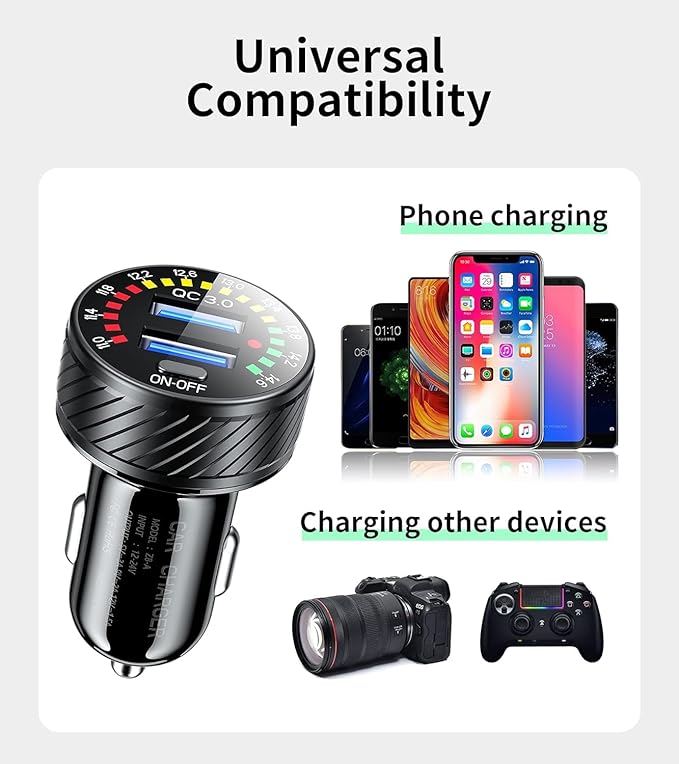 KEWIG Car Charger, 36W Fast Car Charger Adapter, Dual USB Car Fast Charge with Colorful Voltmeter & ON/Off Switch