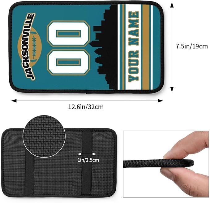 Custom Jacksonville Car Armrest Covers Personalized Football Style with Name Number Customized Auto Center Console Pad Car Handrail Box Cushion for Most Vehicle Decor Accessories, Fans Gift