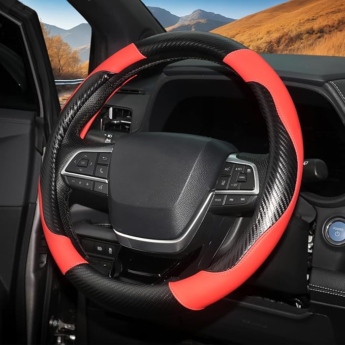 ZHOL Carbon Fiber Leather Car Steering Wheel Cover, Non-Slip, Safe, Breathable, Durable, Full Coverage, Sporty Style (Black and Red)