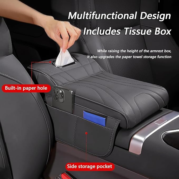 Car Center Console Cover for Honda Pilot 2023 2024 2025, Memory Foam Arm Rest Cushion Pad Waterproof Non-Slip Universal Interior Accessories with Pocket and Tissue Box,Brown