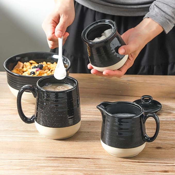 Ceramic Sugar and Creamer Container Set of 3,10 Ounce Cream Pitcher,11 Ounce Sugar Bowl with Lid and Spoon,Farmhouse Coffee Bar Accessories Set for Serving,Microwave & Dishwasher Safe,Black