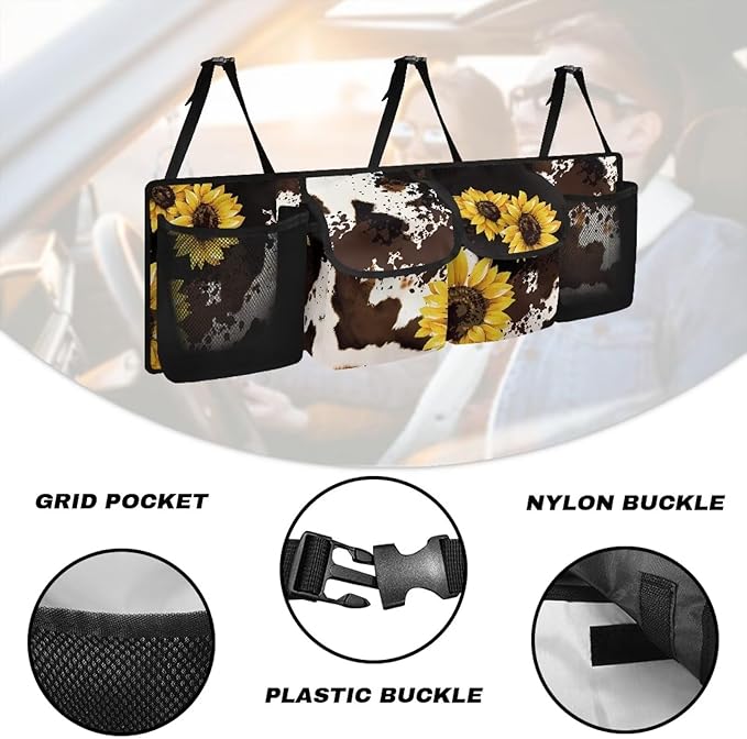 Cow Sunflower Hanging Trunk Organizer for SUV, Car Organizer, Waterproof Back Seat Organizer for SUV, Car Organizers and Storage with Adjustable Straps, Car Storage Organizer