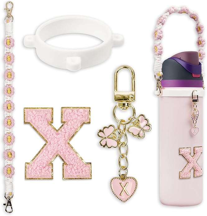 Compatible with Owala Water Bottle Accessories, Cute Letter Charm Set with Boho Handle Strap, Monogram Sticker, Silicone Ring, Keychain Decoration, for FreeSip 24 32 40oz, Owala Kids, Tumbler Gift