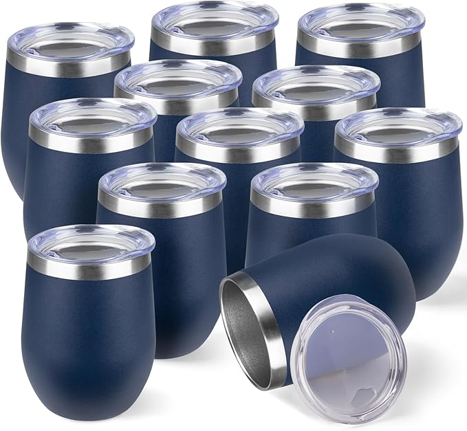 StarSpeed 12oz/12 Pack Wine Tumbler with lid, Stainless Steel Travel Mugs Stemless Double Wall Insulated Coffee Cup, Insulated Wine Glasses Travel Tumbler for Cold & Hot Drinks(Navy Blue, 12)