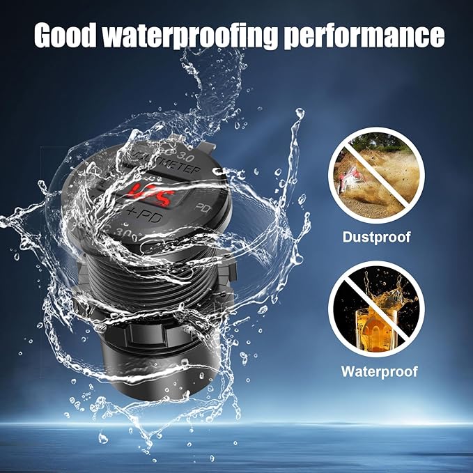 2 Pack 12V USB Outlet 4 Port Car Charger Socket, 78W Dual PD USB C and Dual Quick Charge 3.0 Port Aluminum Charger with Red Voltmeter DIY Kit Waterproof for Car Boat Marine Motorcycle RV Truck, etc
