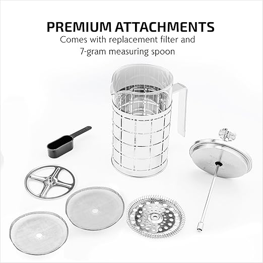 OVENTE French Press Coffee Maker 27 Ounce with Heat Resistant Borosilicate Glass, Stainless Steel Design and 4-Level Filter System, Portable Cold Brewer Pot for Travel, Camping or Gift, Silver FSS27P