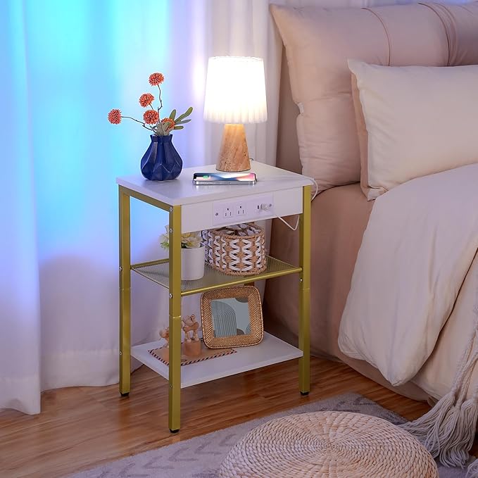 HOOBRO Side Tables Set of 2 with Charging Station and USB Port, Small End Tables for Small Space, 3-Tier Nightstands with Adjustable Shelf, for Living Room, Bedroom, White and Gold DW112BZP201G1