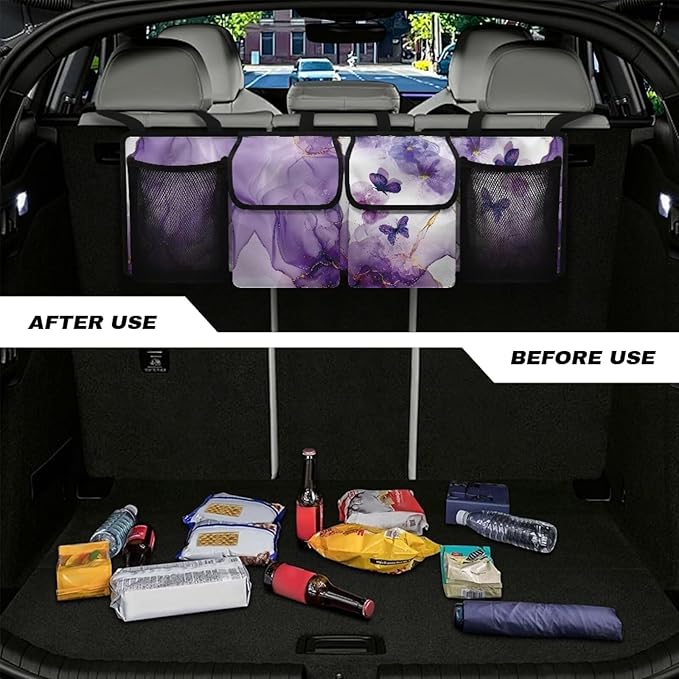 Car Trunk Organizer, Purple Butterfly Car Accessories Marble Car Organizer for SUV/Truck/MPV, Hanging Car Storage Organizer with 4 Pocekts, Frees Trunk Floor, Sturdy Space Saving Expert