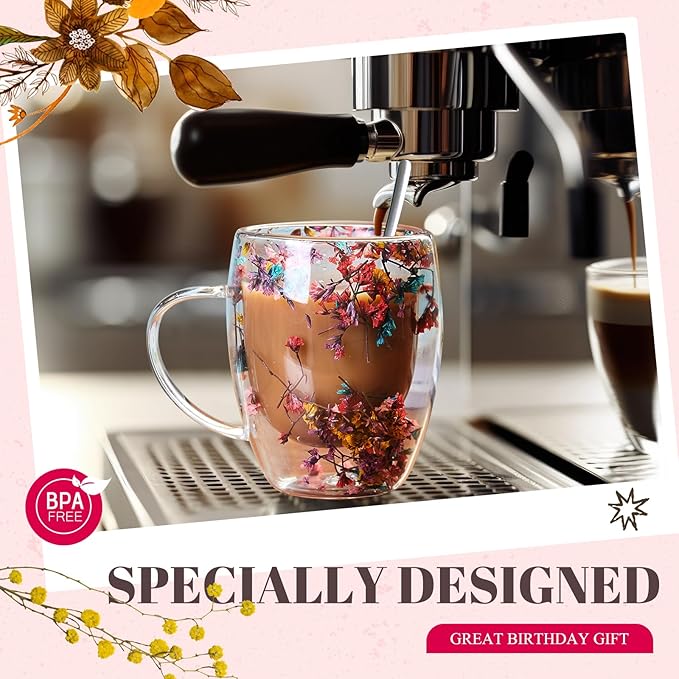Rtteri 11.8 oz Double Wall Glass Coffee Mug with Bamboo Lid and Spoon Clear Flower Insulated Coffee Mugs with Handle Double Glass Cup Tea Cup for Cappuccino Latte Beverage