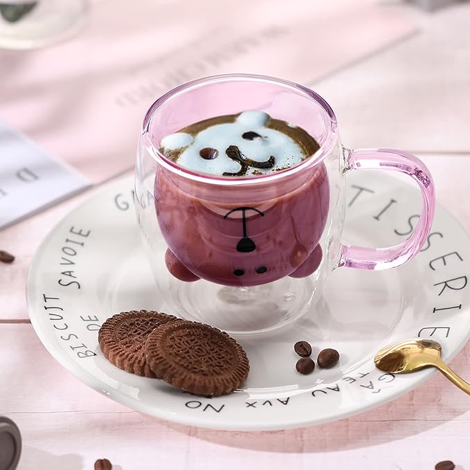 Patelai Cute Bear Tea Cup Double Wall Glass Milk Coffee Bear Mug with Handle Insulated Espresso Christmas Beer Cup Cute Birthday Gift for Women Men Valentine, 250 Ml/ 8. 4 oz(Pink,1 Piece)