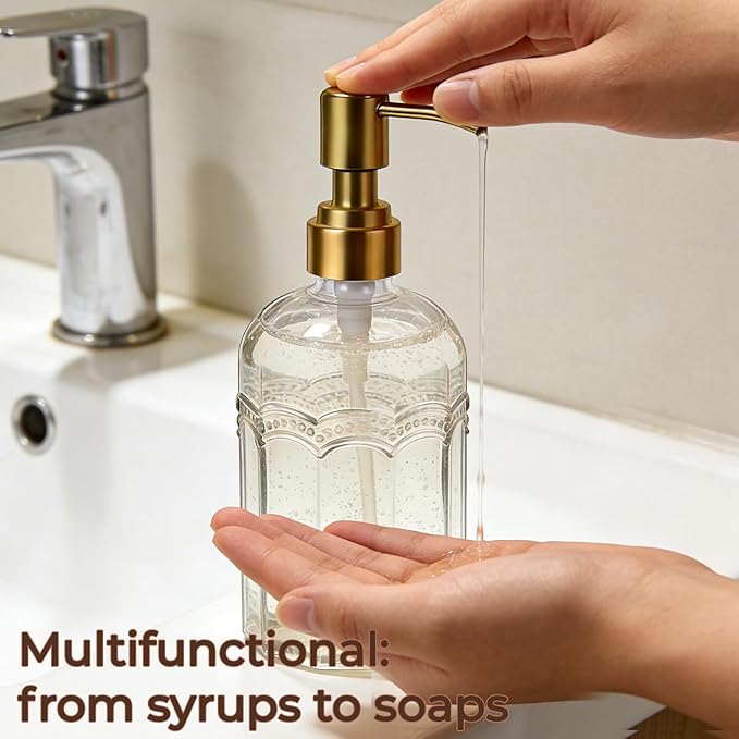 Coffee Syrup Dispenser Set of 2, 13.5 oz (400ml) Glass Bottles with Antique Bronze Stainless Steel Pump, Coffee Bar Syrup Pump Dispensers with Funnel, Cleaning Tools & Tags