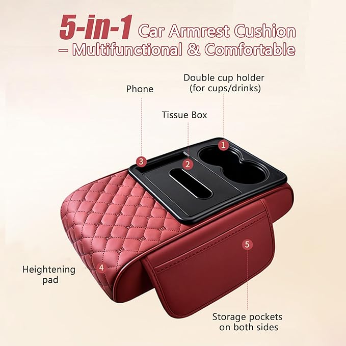 Car Center Console Cover for Lucid Gravity – 5-in-1 Leather Armrest Cushion Pad with 2 Storage Bags, Holds Cups, Phone, Tissues, Car Interior Accessory,C Red