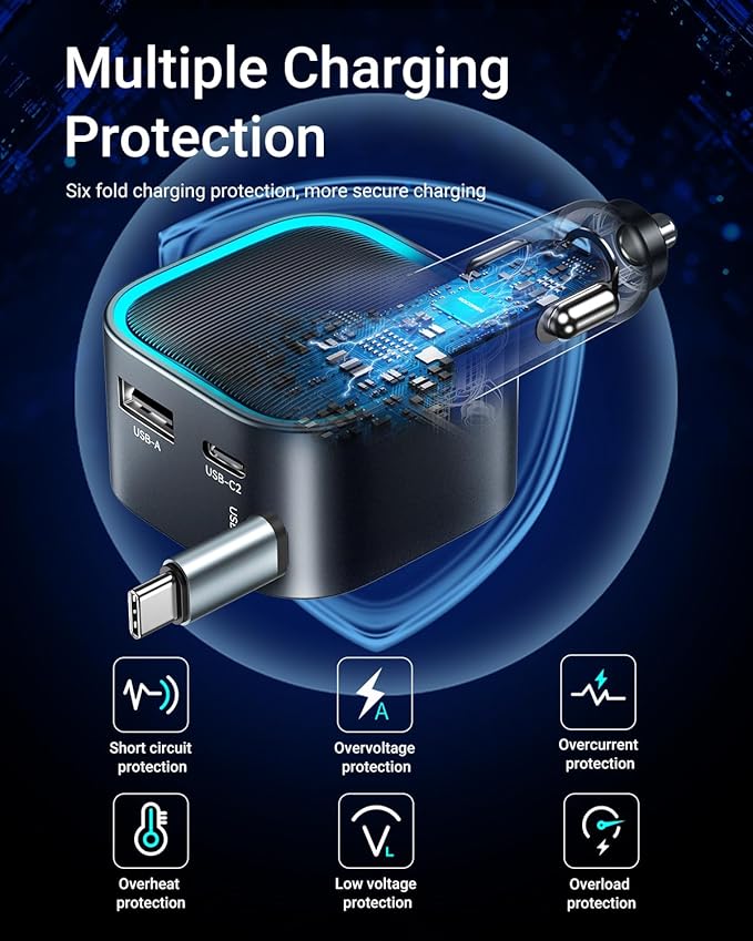 Retractable Car Charger USB-C,Rocoren 57W Type C Fast Car Charging [Ultra-Compact Mini] with Cord Cigarette Lighter Adapter Car Accessories for iPhone 17 16 15 Samsung S25 Ultra Pixel Android