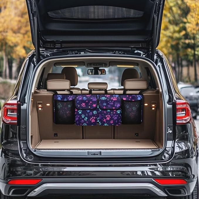 Hanging Car Trunk Organizer with 4 Pockets Dog Paw Print Stars Auto Back Seat Storage Bag Auto Interior Accessories for Sedans SUV MPV Trucks Jeep Pickup