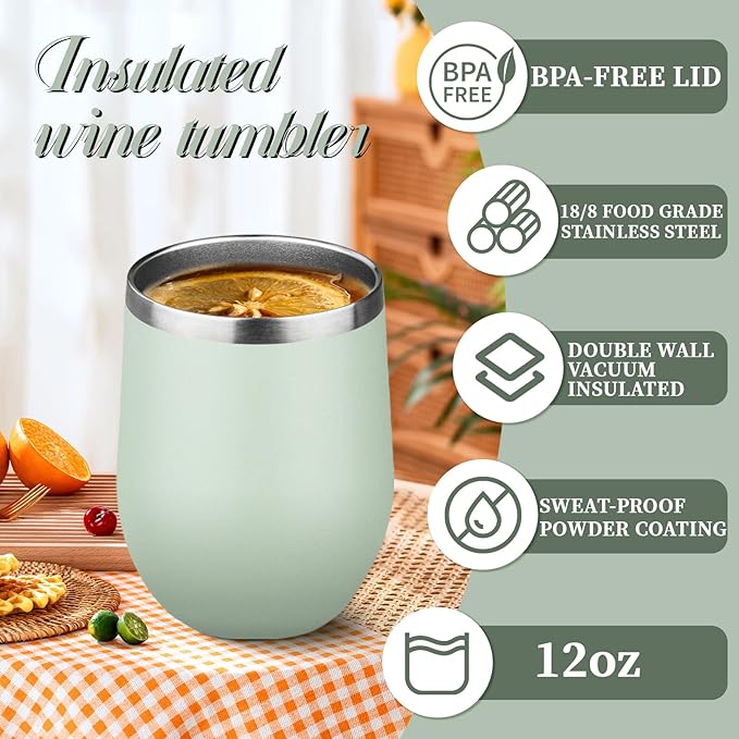 12oz Stemless Wine Tumbler with Lid Double Wall Insulated Wine Cup Stainless Steel Glasses Tumbler with Straw Insulated cocktail Tumbler Coffee Mug for Hot and Cold Beverages (Multicolor-3,4Pack)